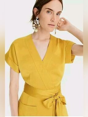 J. Crew Mustard Yellow Wrap Midi Dress with Tie Waist Versatile